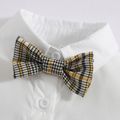 2pcs Solid Lapel Collar Bow Tie Decor Short-sleeve White Shirt and Plaid Print Khaki Overalls Toddler Set White