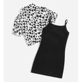 2pcs Toddler Girl Heart Print Black Slip Dress and Tie Knot Lapel Collar Shirt Cardigan Set Black
