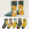 Conjunto de 5 pares de meias com estampa de dinossauro de desenho animado para crianças Verde Escuro