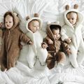 Solid Hooded 3D Bear Design Long-sleeve Baby Jumpsuit White image 1