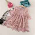 Solid Floral Mesh Splice Long-sleeve Baby Dress Pink image 2
