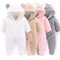 Solid Hooded 3D Bear Design Long-sleeve Baby Jumpsuit White