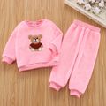 2-piece Toddler Girl/Boy Bear Embroidered Fuzzy Pullover and Solid Pants Set Pink