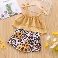 2pcs Baby Girl Solid Sleeveless Bowknot Layered Top and Leopard Shorts Set Yellow