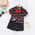 2pcs Baby Boy Love Heart and Letter Print Black Short-sleeve Gentleman Shirt with Shorts Set Red