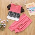 2pcs Baby Girl Lace Short-sleeve Colorblock Top and Solid Pants Set Pink