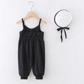 2pcs Baby Boy/Girl Solid Spaghetti Strap Overalls with Hat Set Black