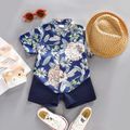 3pcs Toddler Boy Straw Hat and Floral Leaf Print Shirt & Shorts Set Blue