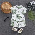 3pcs Baby Boy All Over Lotus Leaf Print Short-sleeve Button Up Shirt and Shorts with Straw Hat Set Green