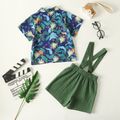 2pcs Toddelr Boy Boho Floral Animal Print Shirt and Suspender Shorts Set Green