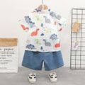 2pcs Toddler Boy Playful Denim Shorts and Dinosaur Print Lapel Collar Shirt Set White image 2