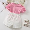 2pcs Toddler Girl Doll Collar Button Design Short-sleeve Pink Tee and White Shorts Set Pink