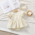 2pcs Baby Girl Solid Textured Square Neck Puff-sleeve Bow Front Romper with Headband Set Beige