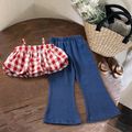 2pcs Toddler Girl Red Plaid Camisole and Flared Denim Jeans Set Red