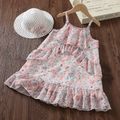 2pcs Toddler Girl Ruffle Floral Print Slip Dress and Starw Hat Set Pink