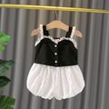2pcs Baby Girl Button Front Lace Cami Top and Textured Bloomers Shorts Set Black