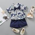 2pcs Baby Boy Bow Tie Decor Allover Palm Leaf Print Short-sleeve Shirt and Solid Shorts Set Tibetanblue