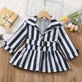 Toddler Girl Lapel Collar Stripe Belted Button Design Hooded Trench Coats Navy