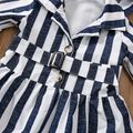 Toddler Girl Lapel Collar Stripe Belted Button Design Hooded Trench Coats Navy
