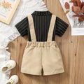 2pcs Baby Boy Party Outfits Bow Tie Decor Striped Short-sleeve Shirt and Solid Suspender Shorts Set Black