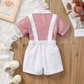 2pcs Baby Boy Party Outfits Bow Tie Decor Striped Short-sleeve Shirt and Solid Suspender Shorts Set Red