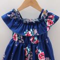 2pcs Baby Girl Floral Print Blue Sleeveless Spaghetti Strap Ruffle Dress with Hat Set Blue
