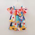 2pcs Baby Girl Colorful Floral Print Cold Shoulder Short-sleeve Top and Shorts Set Multi-color image 1