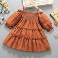 Toddler Girl Elegant Ruffled Smocked Tiered Off Shoulder Long-sleeve Dress Brown