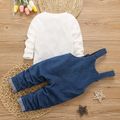 2pcs Toddler Boy Waffle Long-sleeve White Tee and Dog Patch Embroidered Denim Overalls Set Blue image 2