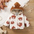 Baby Girl Fleece Hooded Spliced Allover Bear Print Button Front Long-sleeve Thermal Lined Coat Brown