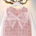 Toddler Girl Sweet Tweed Plaid Mesh Splice Bowknot Design Dress Pink image 3