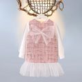 Toddler Girl Sweet Tweed Plaid Mesh Splice Bowknot Design Dress Pink