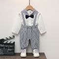2pcs Baby Boy Gentleman Bow Tie Front Long-sleeve Shirt and Pinstriped Suspender Pants Set White image 1