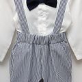 2pcs Baby Boy Gentleman Bow Tie Front Long-sleeve Shirt and Pinstriped Suspender Pants Set White