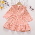 Baby Girl Allover Daisy Floral Print Coral Ruffle Collar Long-sleeve Tiered Dress Coral