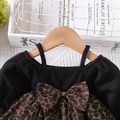 Baby Girl Rib Knit Spaghetti Strap 3/4 Sleeve Spliced Leopard Mesh Dress Black image 3