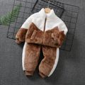 2pcs Toddler Boy Trendy Colorblock Fleece Jacket and Pants Set Brown&White image 1