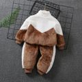 2pcs Toddler Boy Trendy Colorblock Fleece Jacket and Pants Set Brown&White image 2