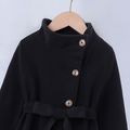 Toddler Girl Button Design Stand Collar Belted Black Coat Black