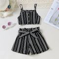 2pcs Toddler Girl Stripe Button Design Camisole and Belted Paperbag Shorts Set Black