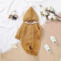 Baby Solid Knitted Pom Pom Hooded Long-sleeve Jumpsuit Khaki