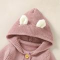 Baby Solid Knitted Long-sleeve 3D Ears Hooded Jumpsuit Pink