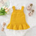 Baby Girl Button Design Solid Knitted Ruffle Hem Overall Dress Yellow