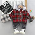2-piece Toddler Girl/Boy Button Deign Plaid Hoodie and Elasticized Solid Gray Corduroy Pants Set Red image 1