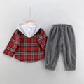 2-piece Toddler Girl/Boy Button Deign Plaid Hoodie and Elasticized Solid Gray Corduroy Pants Set Red image 3