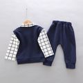 2-piece Toddler Boy Plaid Lapel Collar Bow tie Design Long-sleeve Vest Embroidered Faux-two Top and Elasticized Pants Set Dark Blue