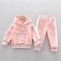 2pcs Baby Letter Embroidered Color Block Fleece Long-sleeve Hoodie and Trousers Set Pink