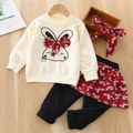 3pcs Baby Cartoon Rabbit Print Long-sleeve Sweatshirt and Floral Print Skirted Trousers Set Red