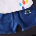 2pcs Toddler Boy/Girl Playful Denim Shorts & Rainbow Sun Print Tee Set White