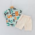 100% Cotton 2pcs Baby Boy All Over Letter Print Short-sleeve Shirt and Solid Shorts Set Turquoise
